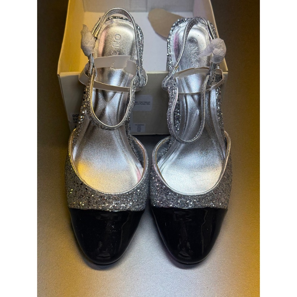 On 34th Dotti Silver Glitter Black Patent Cap Toe Block Heel Pumps Mens 9.5M‎
